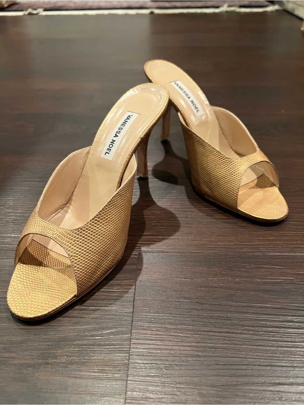 Vanessa Noel Gold Peep-Toe Mule Heels
